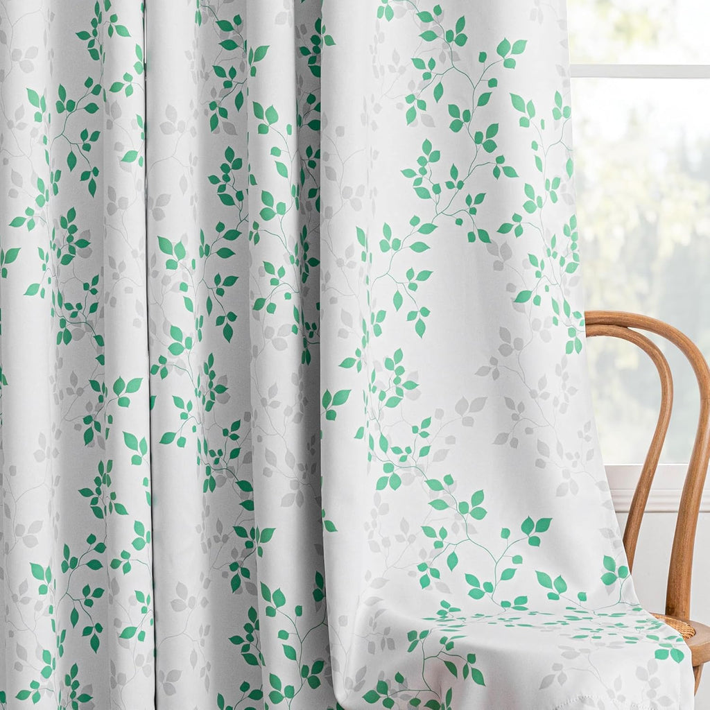 Meetsky 95% Blackout Curtains 63 Inches Long for Bedroom - Green and Grey Leaf Pattern Thermal Insulated Drapes for Living Room, Room Darke…