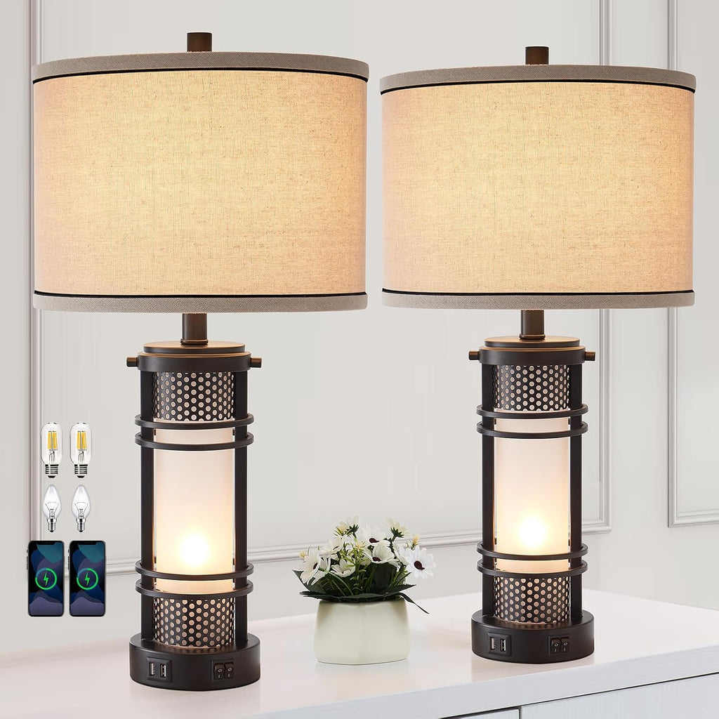 AIEAMPDO Set of 2 Modern Table Lamps for Living Room, Contemporary Nightstand Lamp with Dual USB Port, Bedside Lamps with White Frosted…