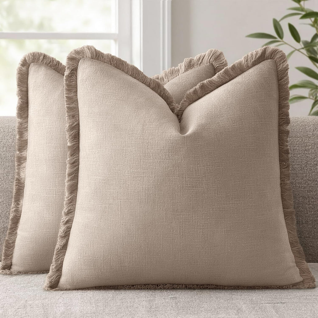 Anroduo Set of 2 Decorative Throw Pillow Covers 26×26 Inch Soft Linen Fringe Farmhouse Boho Vintage Cushion Covers with Tassels Accent Pill…