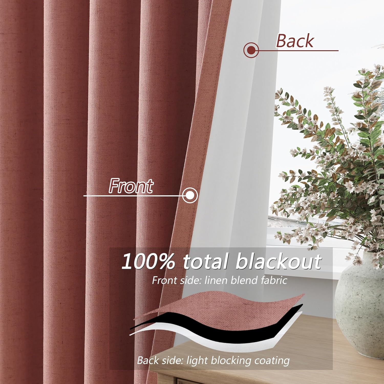 Guken Dusty Rose 100% Blackout Linen Curtains 80 Inch Length 2 Panels Set for Girls Bedroom Back Tab Thermal Insulated Black Out Drapes Roo…