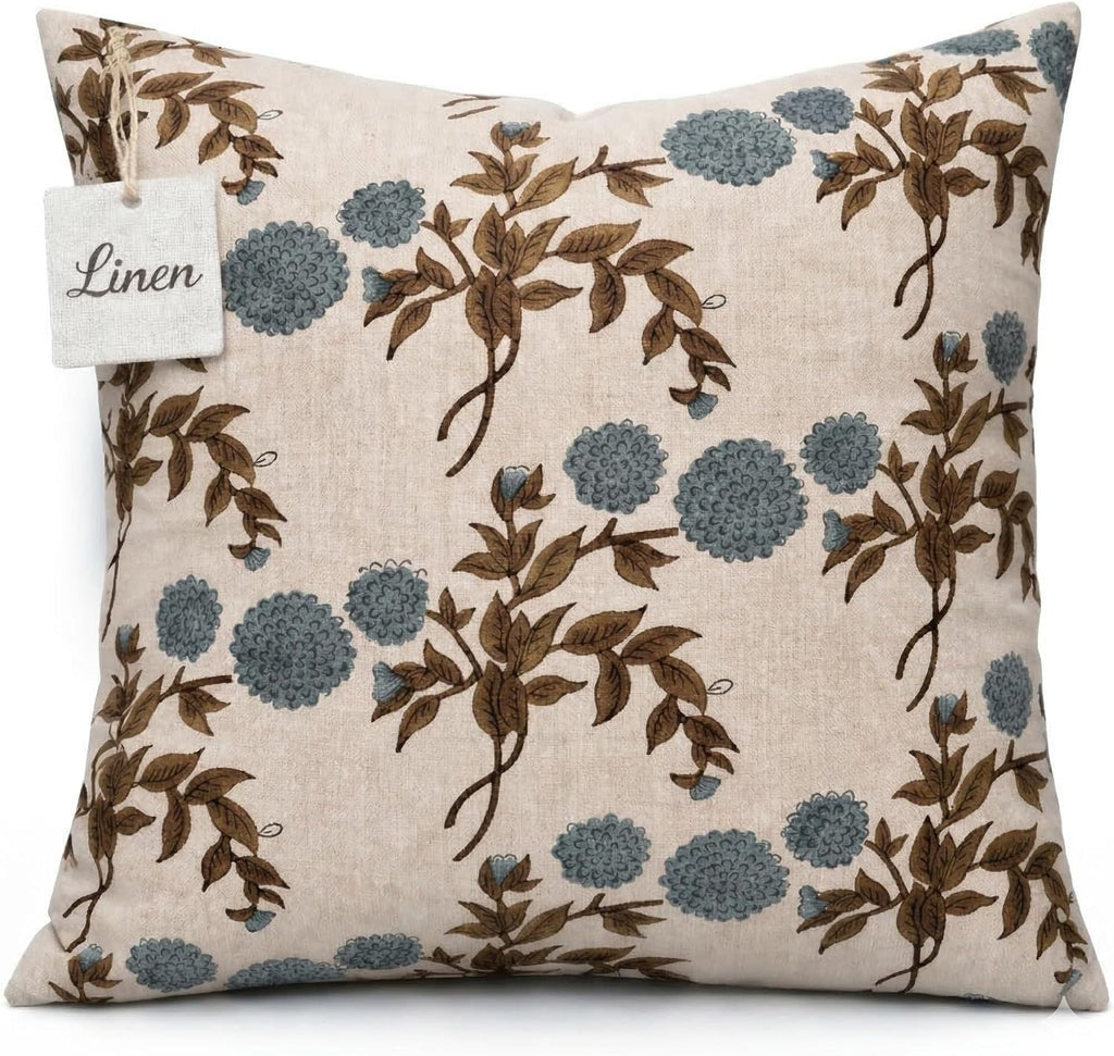 LineandLoop Linen Blue Throw Pillow Covers 18x18 inch Floral Pillows Spring Decorative Pillow Covers for Living Room Bedroom 2 inches cotto…