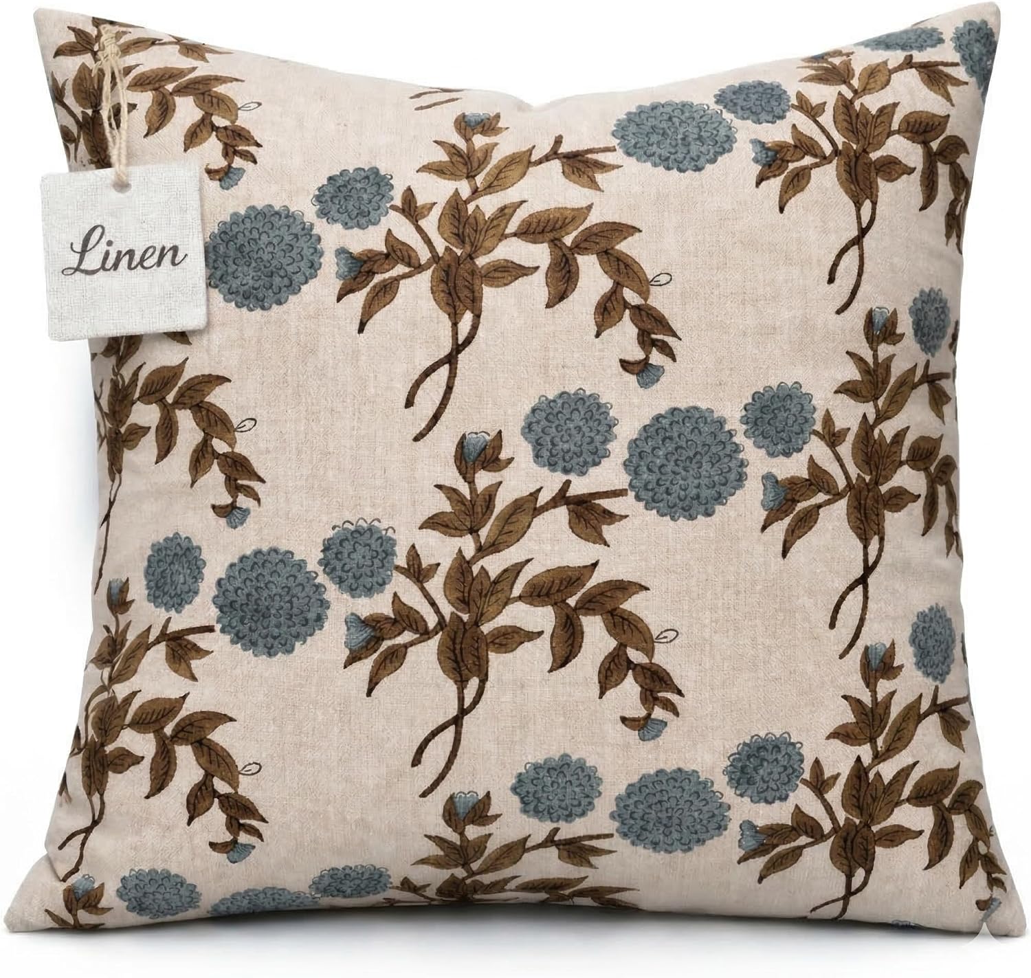 LineandLoop Linen Blue Throw Pillow Covers 18x18 inch Floral Pillows Spring Decorative Pillow Covers for Living Room Bedroom 2 inches cotto…