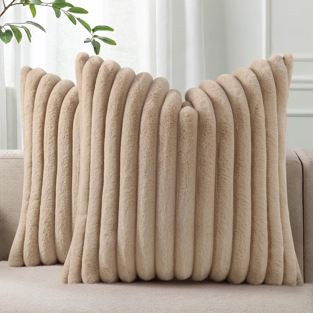 Pallene Faux Fur Plush Throw Pillow Covers 18x18 Set of 2, Luxury Soft Fluffy Striped Decorative Pillow Covers for Sofa, Couch, Living…