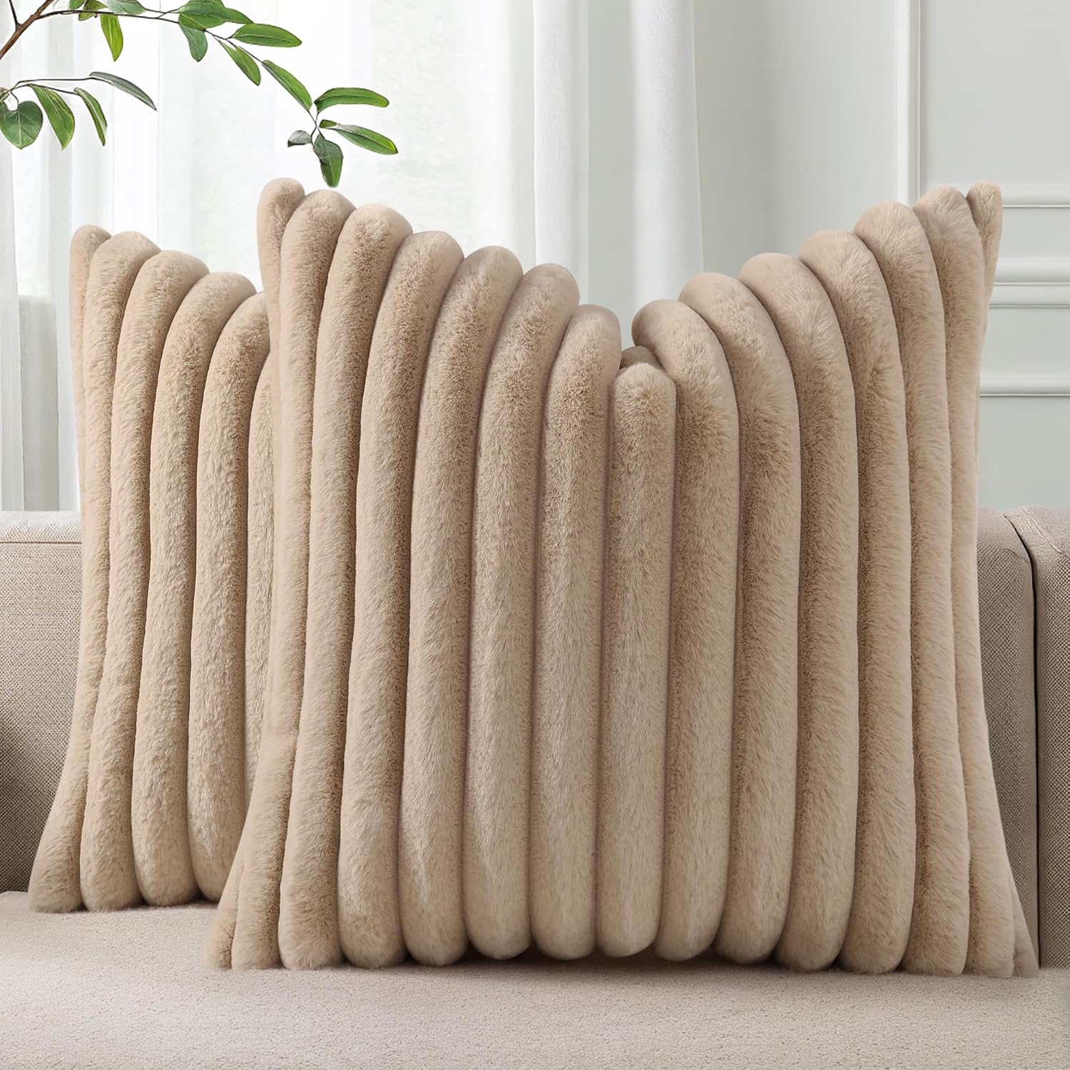 Pallene Faux Fur Plush Throw Pillow Covers 24x24 Set of 2, Luxury Soft Fluffy Striped Decorative Pillow Covers for Sofa, Couch, Living…