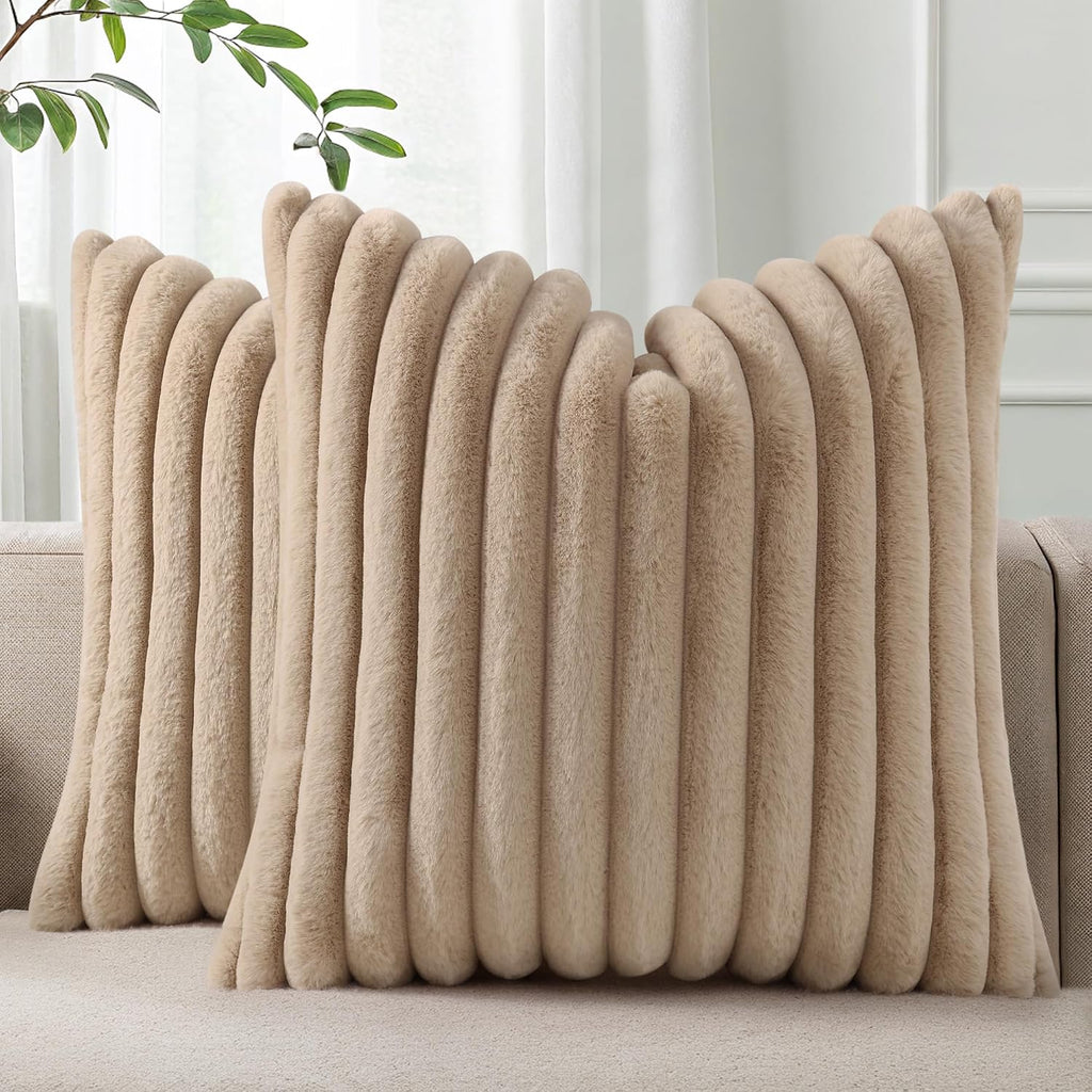 Pallene Faux Fur Plush Throw Pillow Covers 26x26 Set of 2, Luxury Soft Fluffy Striped Decorative Pillow Covers for Sofa, Couch, Living…