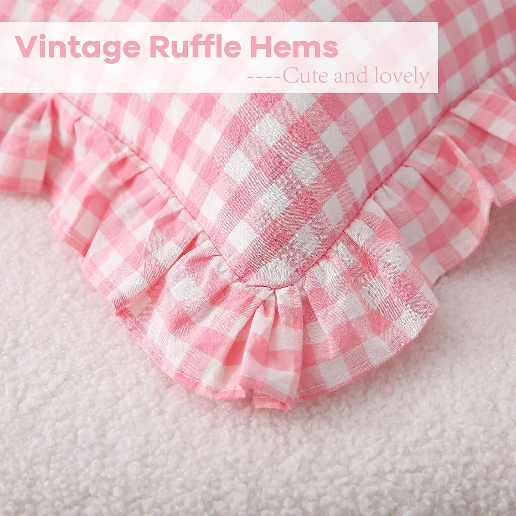 Kmasaniji 2 Pack Coral Pink Plaid Ruffle Gingham Throw Lumbar Pillow Shams, 100% Washed Cotton Linen Feel Checkered Pillow Covers Zipper Cl…