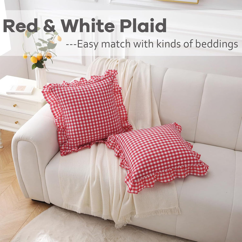 Kmasaniji 2 Pack Red White Plaid Ruffle Gingham Throw Pillow Covers, 100% Washed Cotton Christmas Decorative Buffalo Checkered Farmhouse Pi…