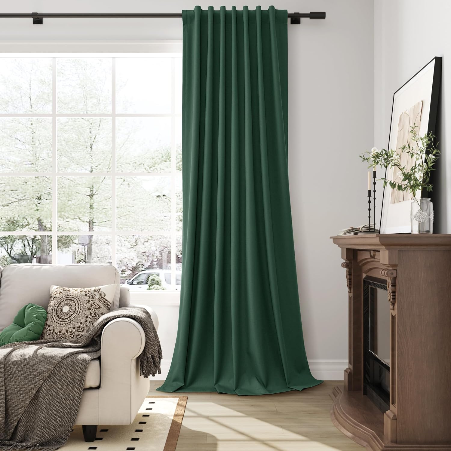 Guken Green Linen 100% Blackout Drapes Curtains for Bedroom 84 Inches Long 2 Panels Set Modern Back Tab Black Out Room Darkening Thermal In…