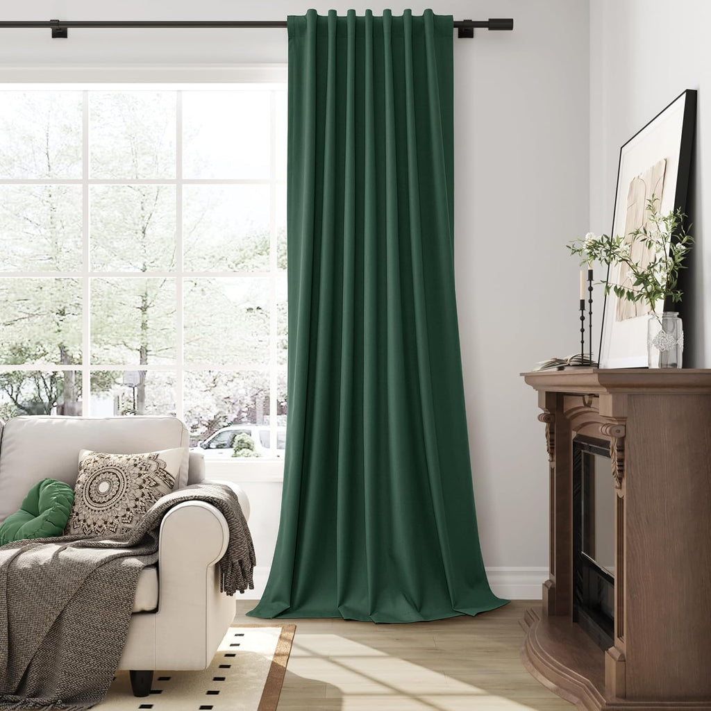 Guken Green Linen 100% Blackout Curtains for Bedroom 108 Inches Long Modern Textured Back Tab Hook Belt Black Out Light Blocking Thermal In…