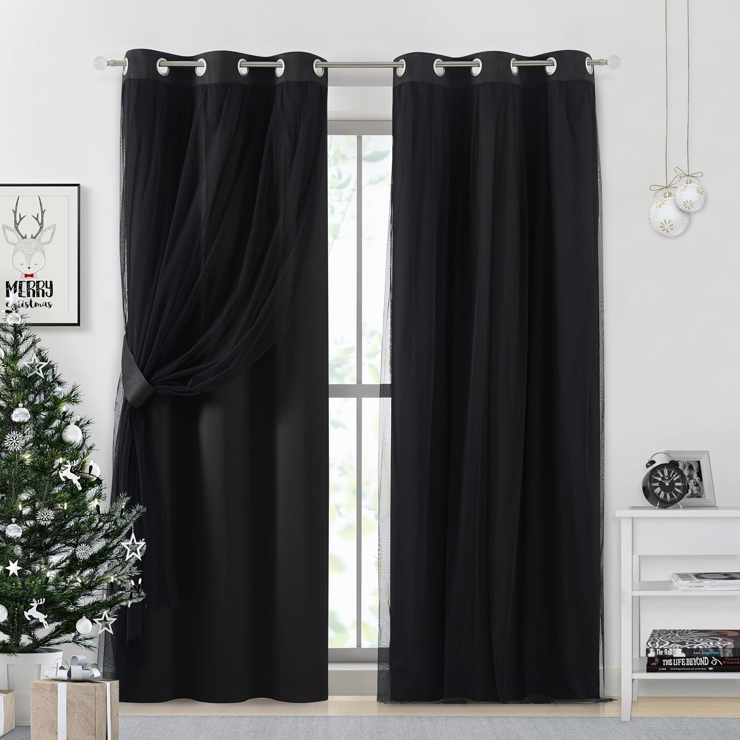 Bujasso Black Full Blackout Curtains with Sheer Overlay Mix and Match Double Layer Thermal Insulated Window Panels 84 inch for Living Room…