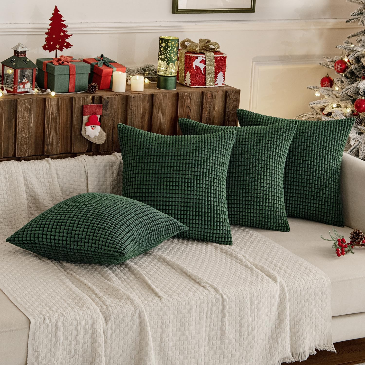 Miulee Boho Farmhouse Throw Pillow Covers 18x18 Inch Set of 4 Soft Neutral Covers Christmas Dark Green Corduroy Couch Pillowcases Home Deco…