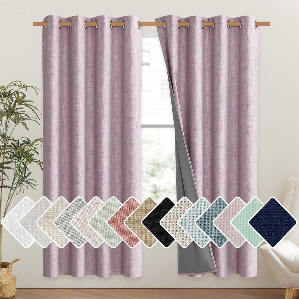 NICETOWN Pink Vintage Linen 100% Blackout Curtains for Living Room, Thermal Insulated Curtains 72" Long, Noise Reducing Window Treatment…