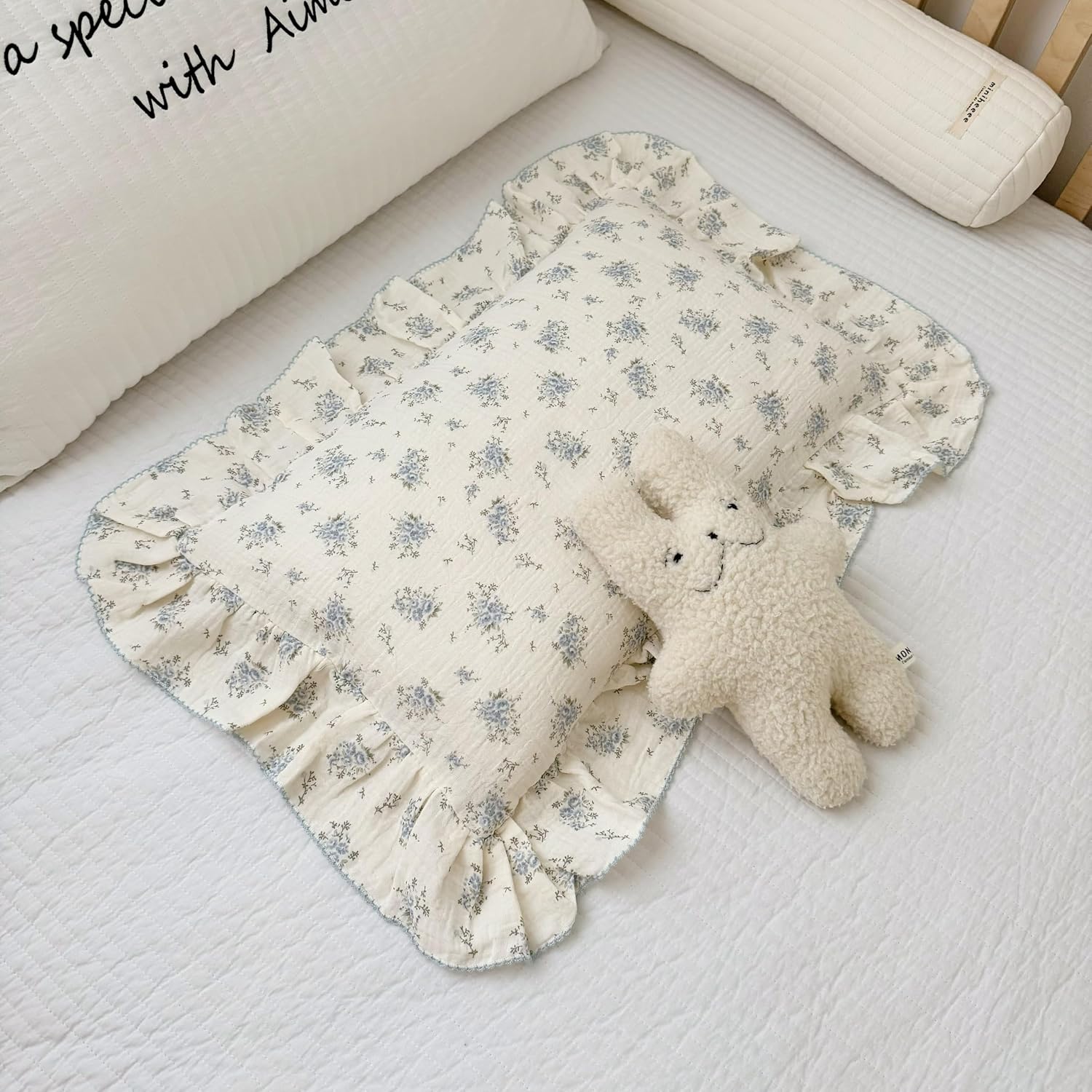 BuLuTu Cotton Muslin Toddler Pillowcases with Blue Flowers Print Soft Breathable Gauze Small Pillow Case for Toddler Boys Girls Nursery…