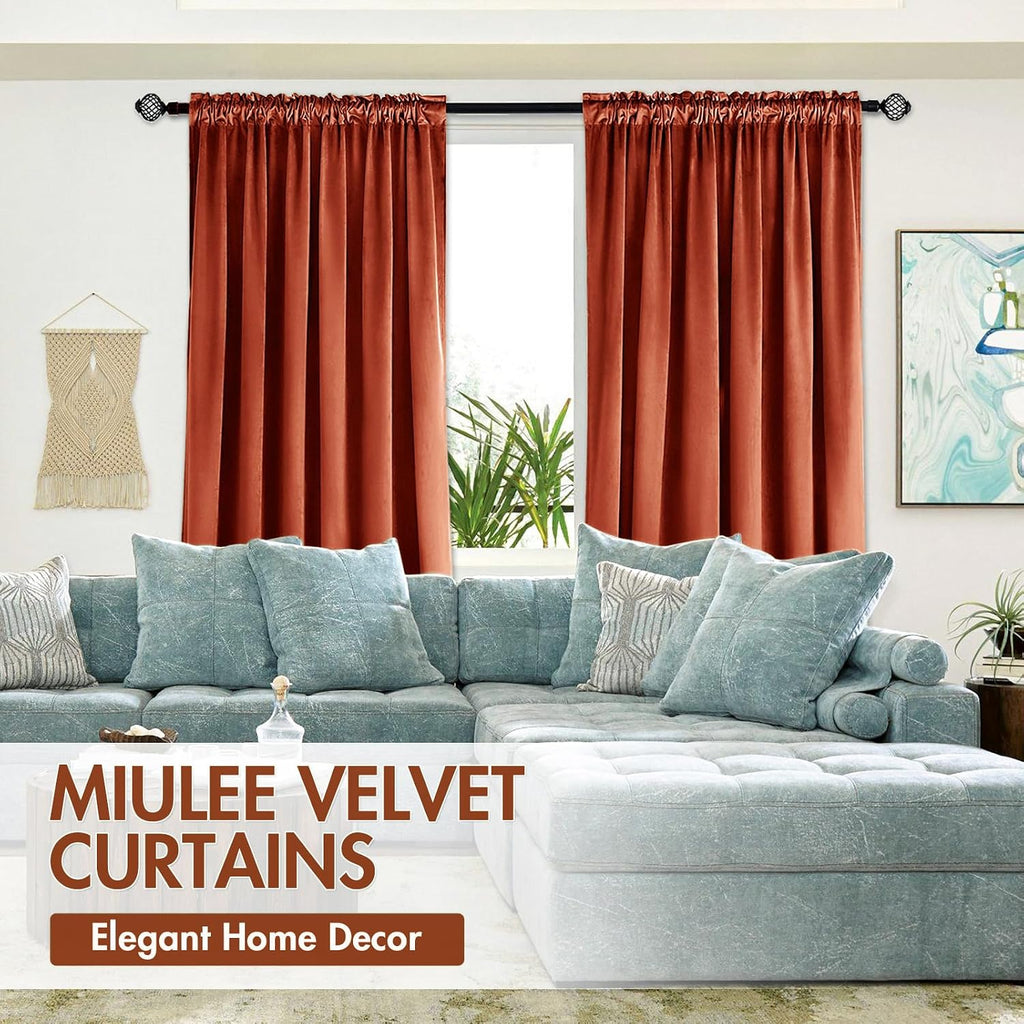 MIULEE Burnt Orange Velvet Curtains Thermal Insulated Blackout Curtain Fall Drapes for Bedroom Living Room Darkening 90 Inches Long Rust…