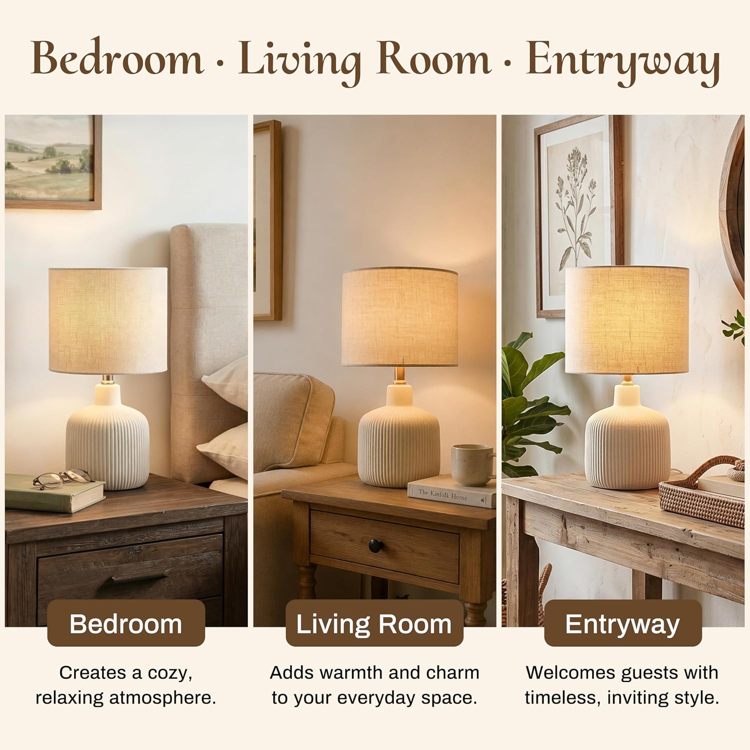 Ceramic Table Lamp, 17.75" Rustic Farmhouse Bedside Lamp with Beige Linen Shade, Warm Ambient Nightstand Lighting for Bedroom or Living…