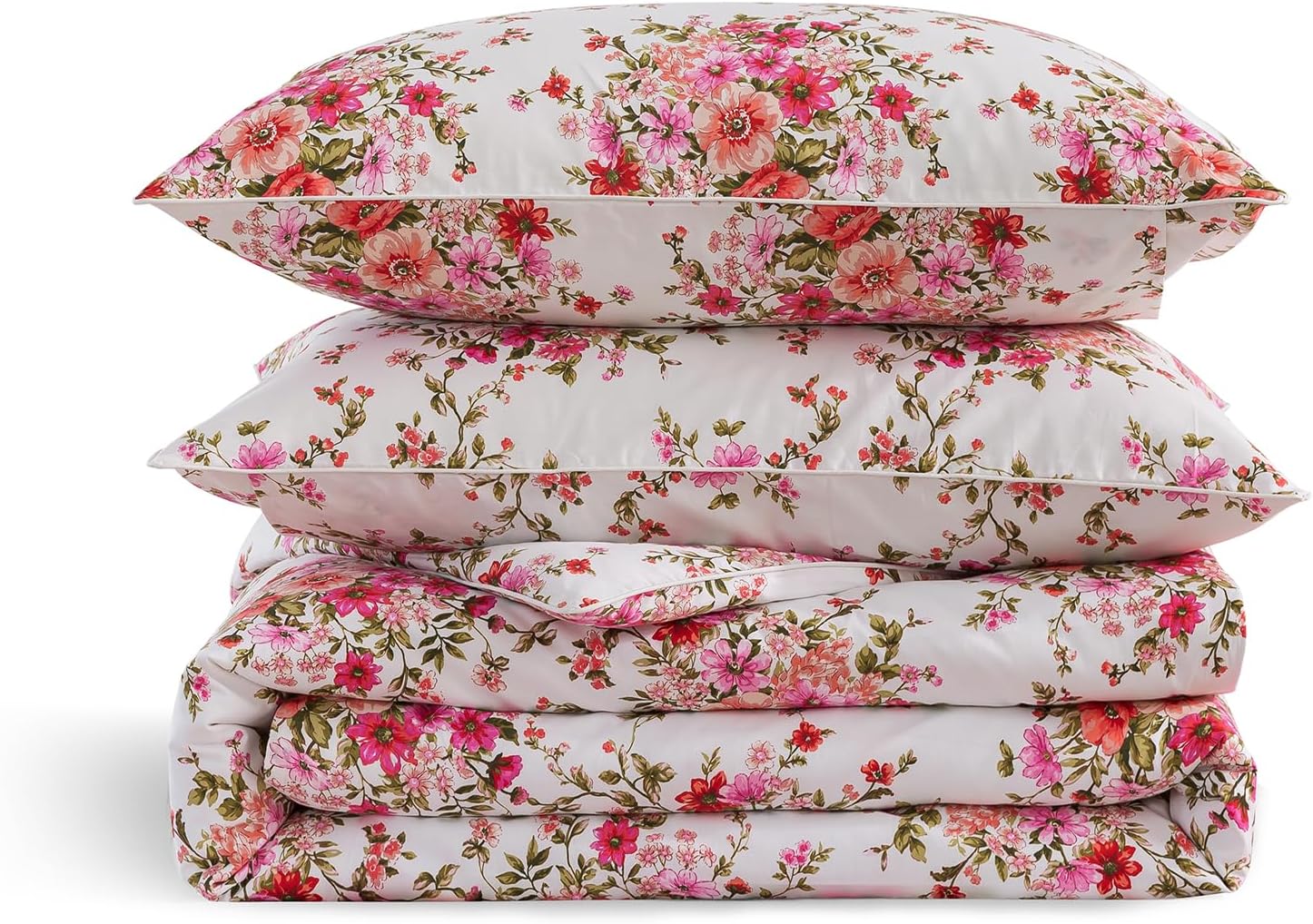 Puralens Pink Floral Boho Duvet Cover Queen Size 100% Cotton 3Pcs Set, White Percale Reversible Shabby Red Flower Print Chic Duvet Covers,…