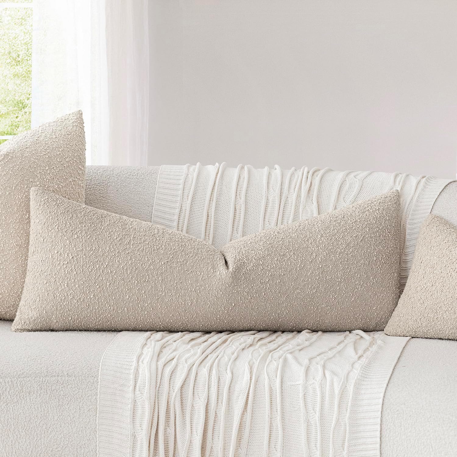 Foindtower Decorative Textured Boucle Throw Pillow Covers Accent Solid Pillow Cases Neutral Long Body Lumbar Couch Cushion Case for Chair…