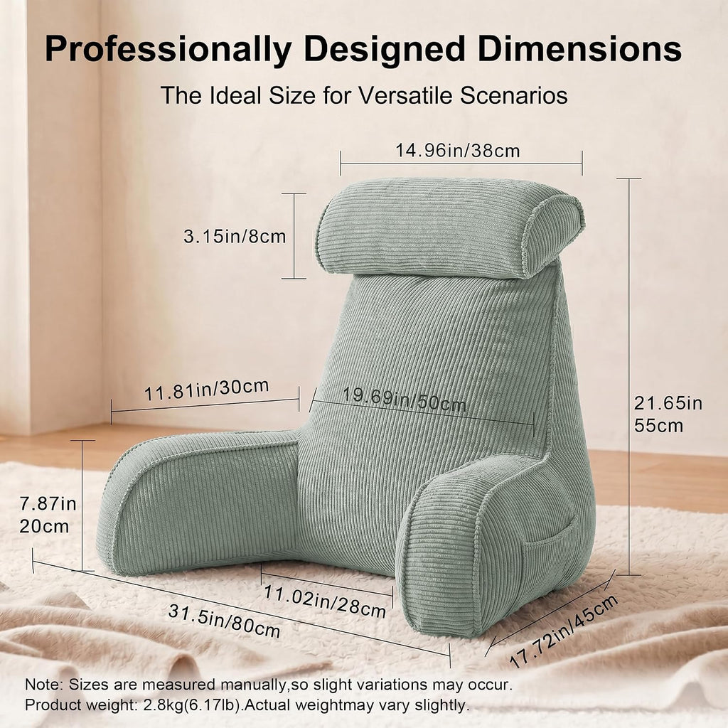 Ailuteie Corduroy Reading Pillow for Sitting Up, Bed Rest Pillow with Arms, Detachable Headrest, Side Pockets & Washable Cover, Back Suppor…