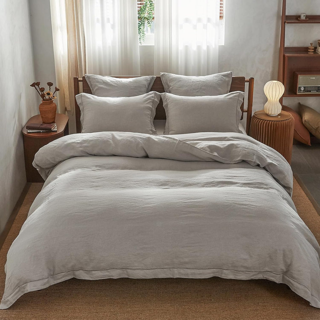 Simple&Opulence 100% Washed Linen Duvet Cover with Embroidered,3 Pieces Soft Farmhouse Comforter Set with Button Closure,1 D…