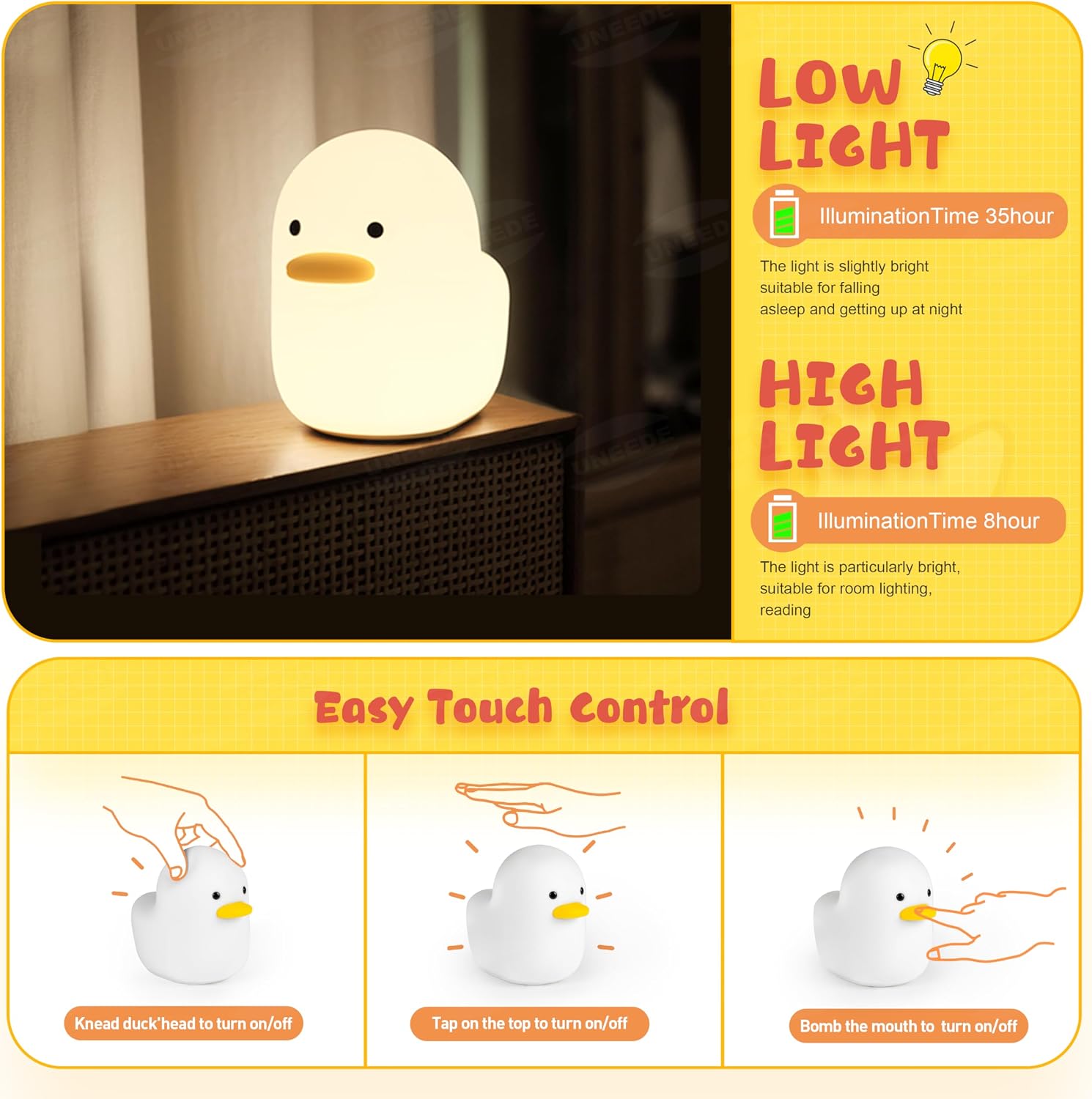 UNEEDE LED Benson Night Light, Cute Duck Animal Silicone Nursery Night Light Rechargeable Table Lamp Bedside Lamp with Touch Sensor for…