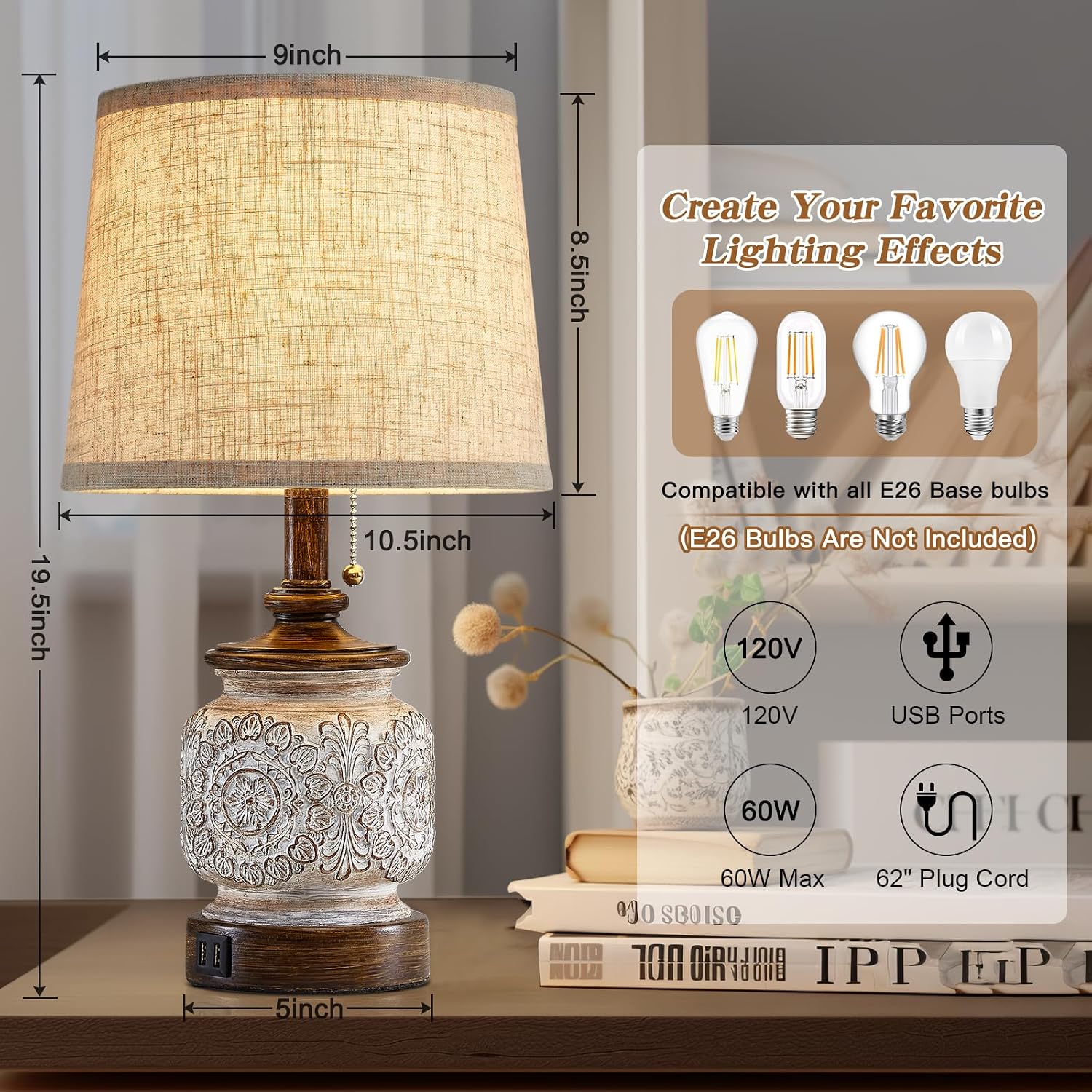 19.5" Farmhouse Bedside Table Lamps Set of 2 Rustic Lamps for Nightstand Bedroom with USB Ports Vintage Traditional White Carved Floral…