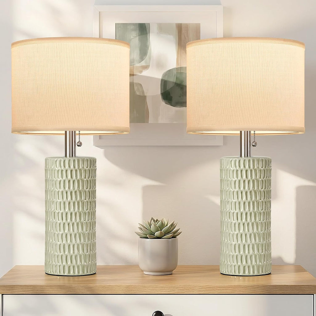 Reaketon Table Lamps for Living Room Set of 2, Ceramic Table Lamps for Bedroom, 20" Modern Lamps for Night Stands, Light Green
