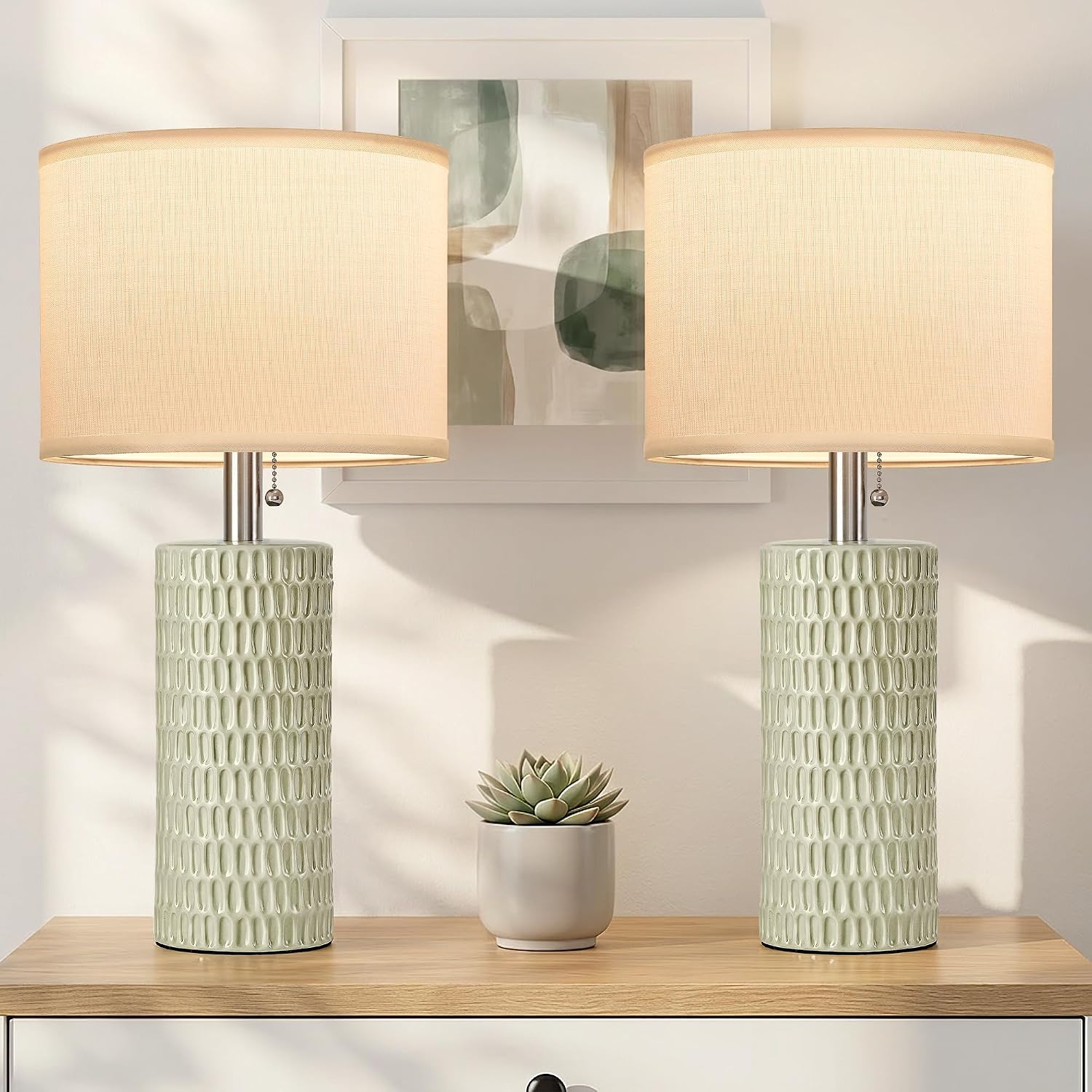 Reaketon Table Lamps for Living Room Set of 2, Ceramic Table Lamps for Bedroom, 20" Modern Lamps for Night Stands, Light Green