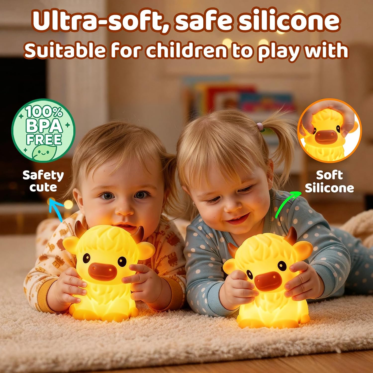 BPA-Free Silicone丨Huggwaii Highland Cow Night Light for Kids, Dimmable Squishy Night Light Touch Cow Lamp, Highland Cow Gifts for…