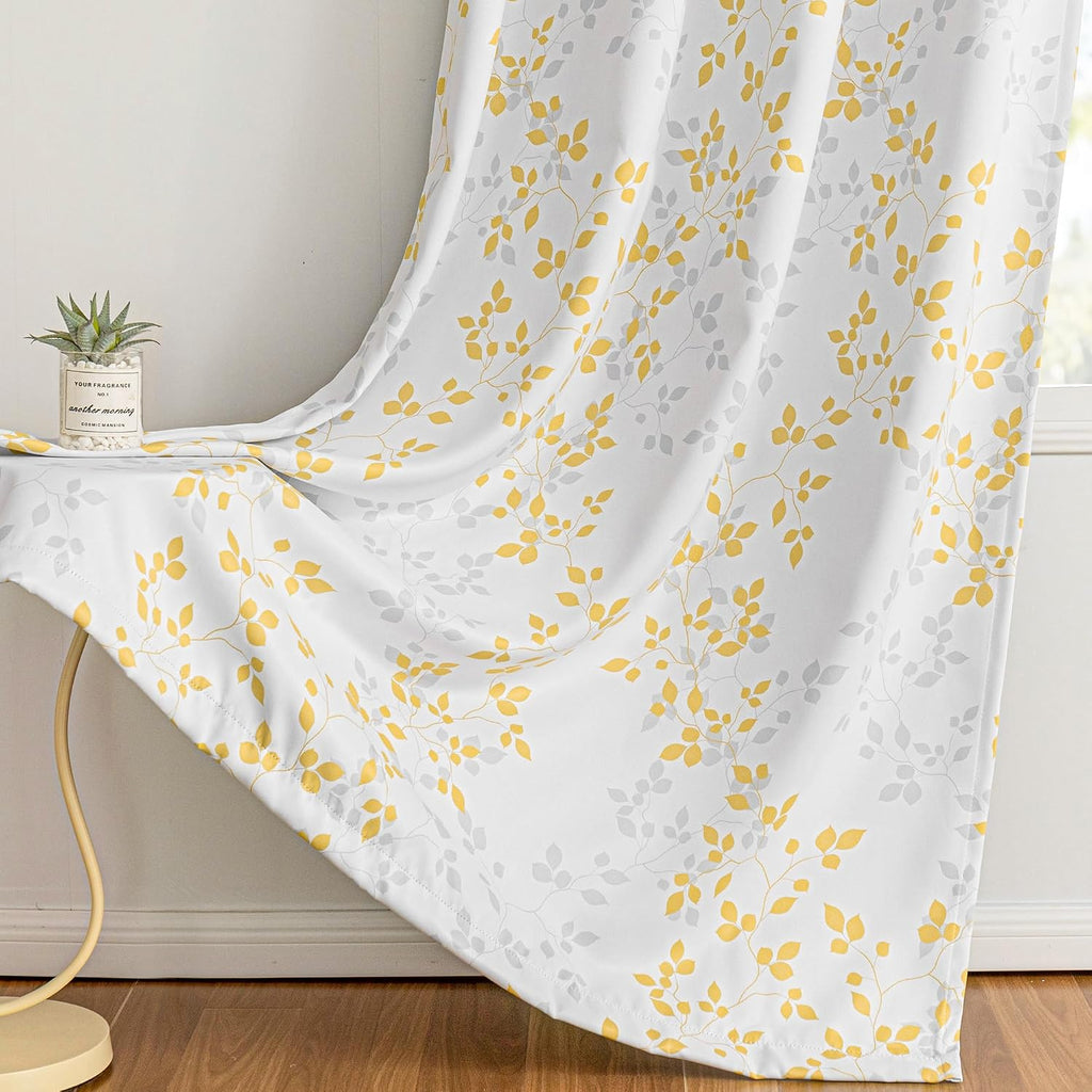 Meetsky 95% Blackout Curtains for Living Room 2 Panel Set - Room Darkening Thermal Insulated Grommet Window Drapes, Yellow Grey Leaf Printe…