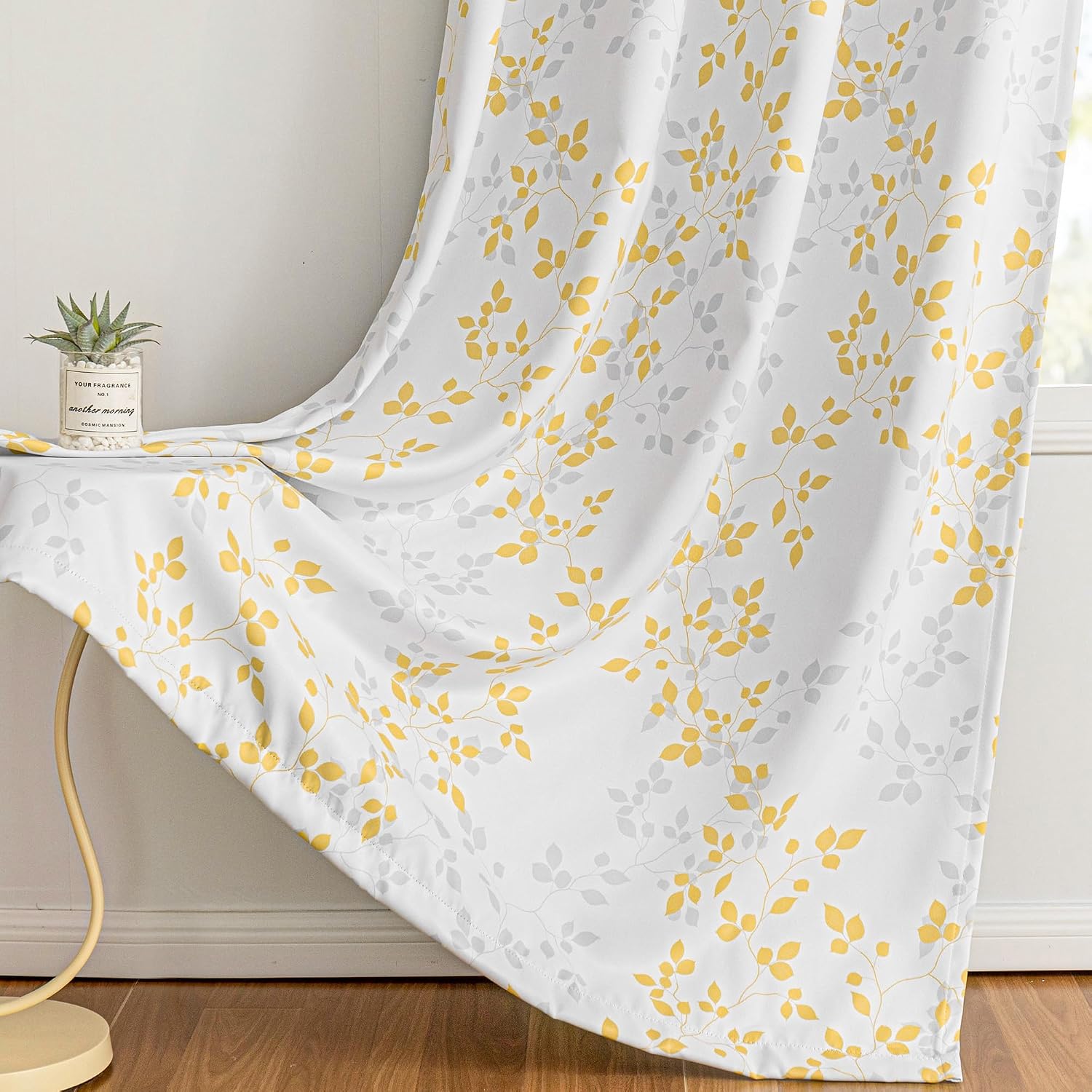 Meetsky 95% Blackout Curtains for Living Room 2 Panel Set - Room Darkening Thermal Insulated Grommet Window Drapes, Yellow Grey Leaf Printe…