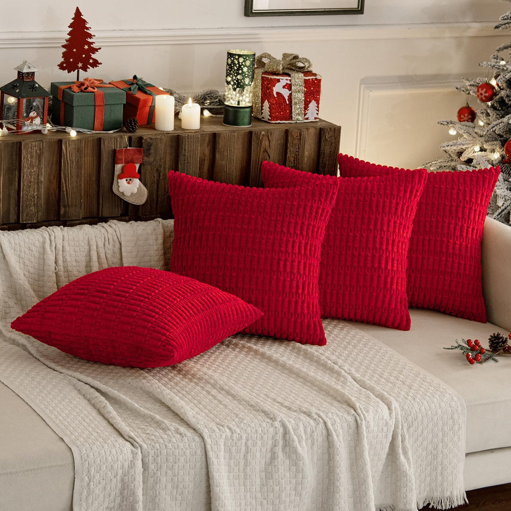 Miulee Pack of 4 Christmas Red Corduroy Decorative Throw Pillow Covers 18x18 Inch Soft Boho Striped Pillow Covers Modern Farmhouse Home Dec…