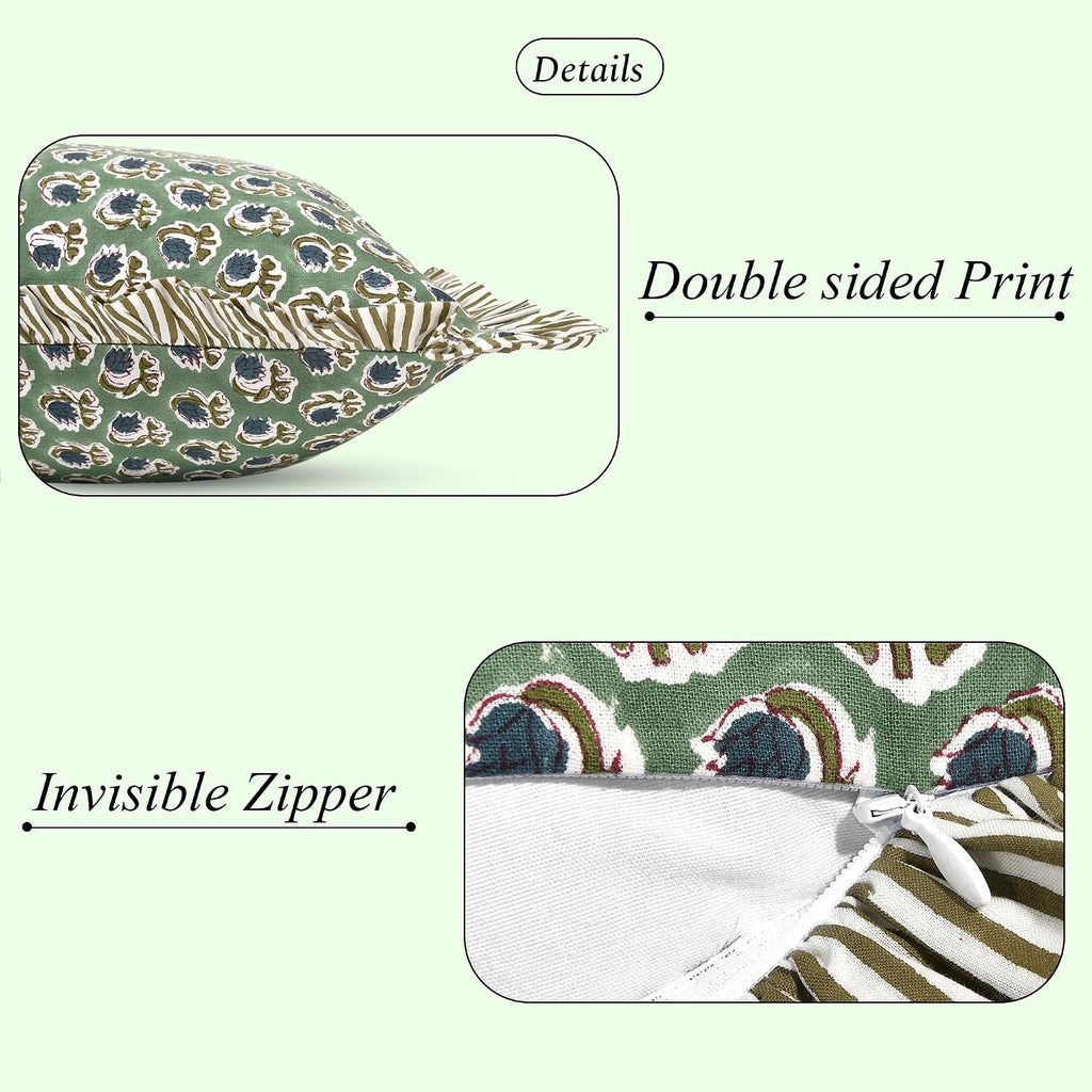 Ridhi Block Print Basil Green 54"x20" Set 1-100% Cotton Ruffle Lumbar Sham Cover Boho Floral Pillowcase, Farmhouse Cottagecore Bedding…