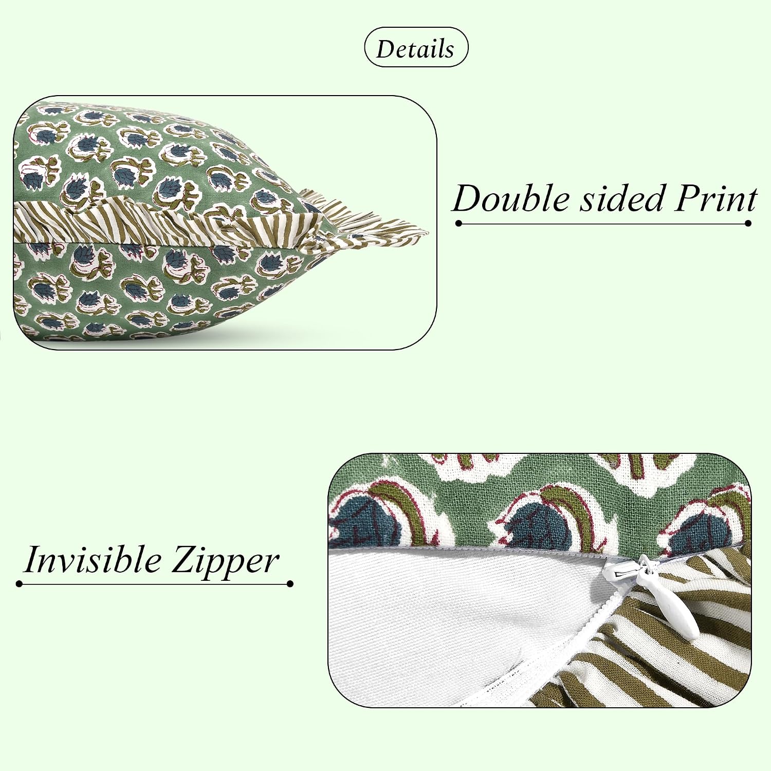 Ridhi Block Print Basil Green 36"x14" Set 1-100% Cotton Ruffle Lumbar Sham Cover Boho Floral Pillowcase, Farmhouse Cottagecore Bedding…