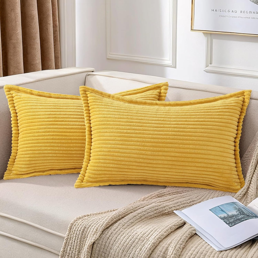 Mecatny Corduroy Summer Throw Pillow Covers 12x20 Set of 2, Neutral Decorative Soft Boho Lumbar Couch Pillow Covers with Broadside for…