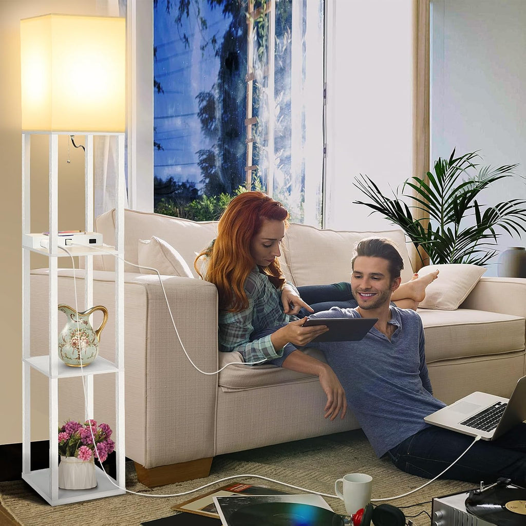 Mlambert Modern Shelf Floor Lamp with Wireless Charger & Fast Charging USB Ports & Type C Port & 2 Power Outlets,3 Tier Storage Lamp for…
