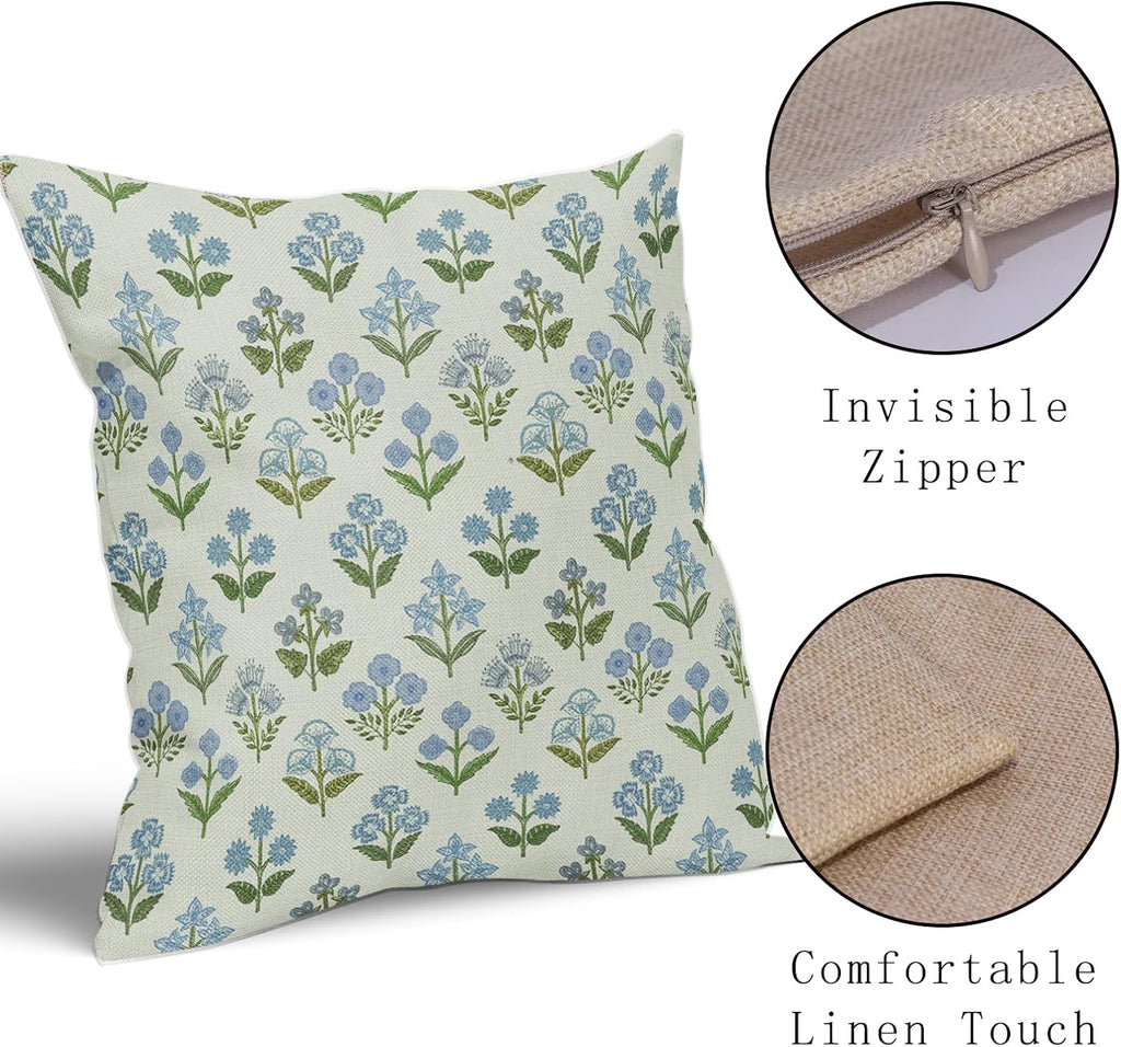 Blue Green Block Print Pillow Covers 24x24 Inch Set of 2, Vintage Floral Spring Decorative Throw Pillow Cases Boho Cushion Covers Rustic…