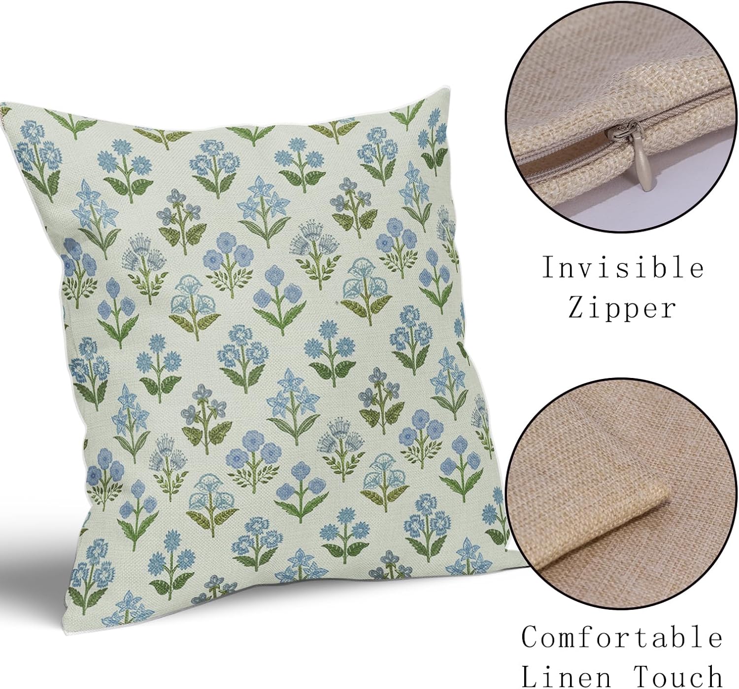Blue Green Block Print Pillow Covers 24x24 Inch Set of 2, Vintage Floral Spring Decorative Throw Pillow Cases Boho Cushion Covers Rustic…