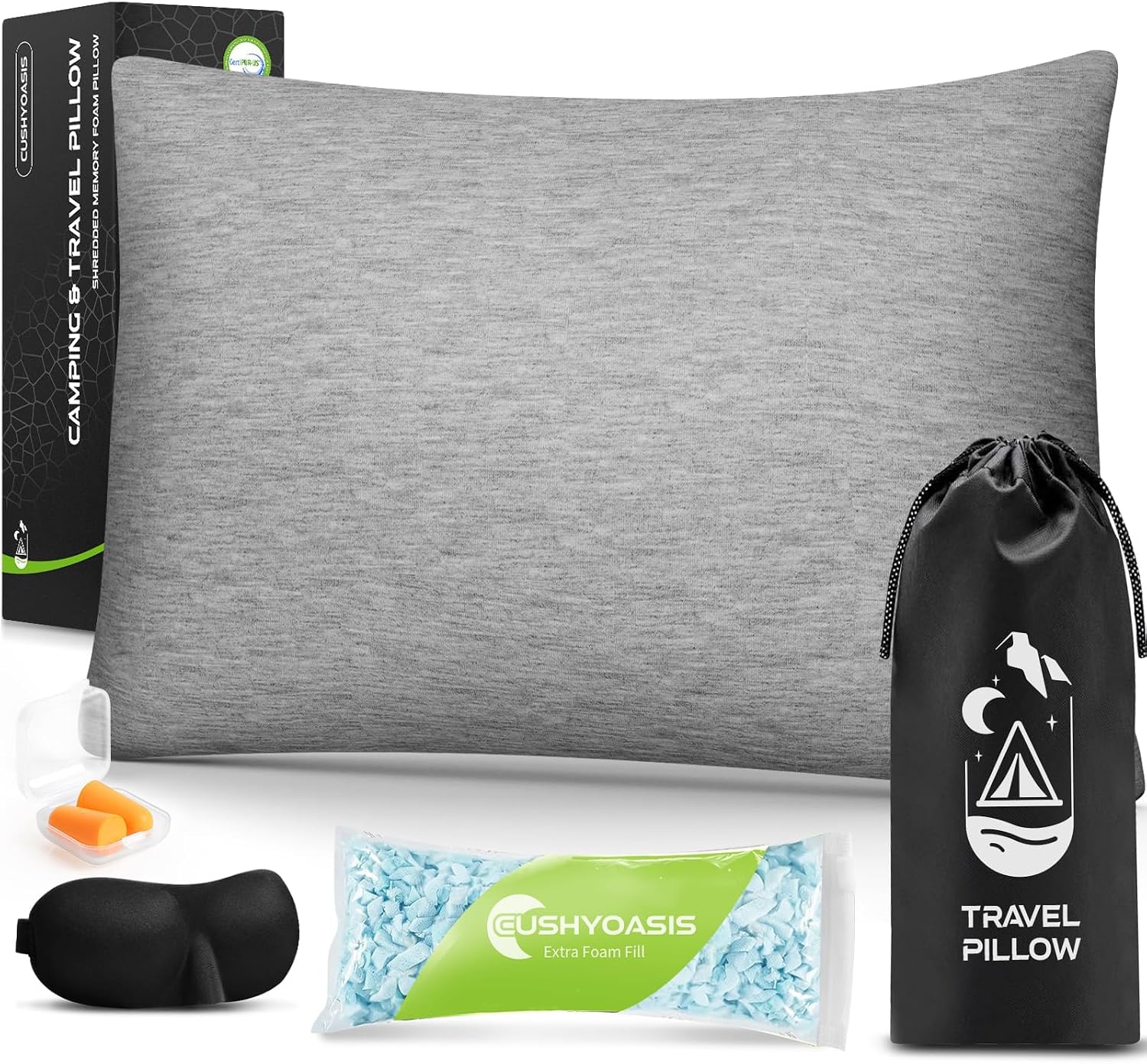 CushyOasis All-in-1 Camping Pillow Set - Shredded Memory Foam Neck Pillow Travel Pillow with Eye Mask, Earplugs, Washable Cover, Compact…