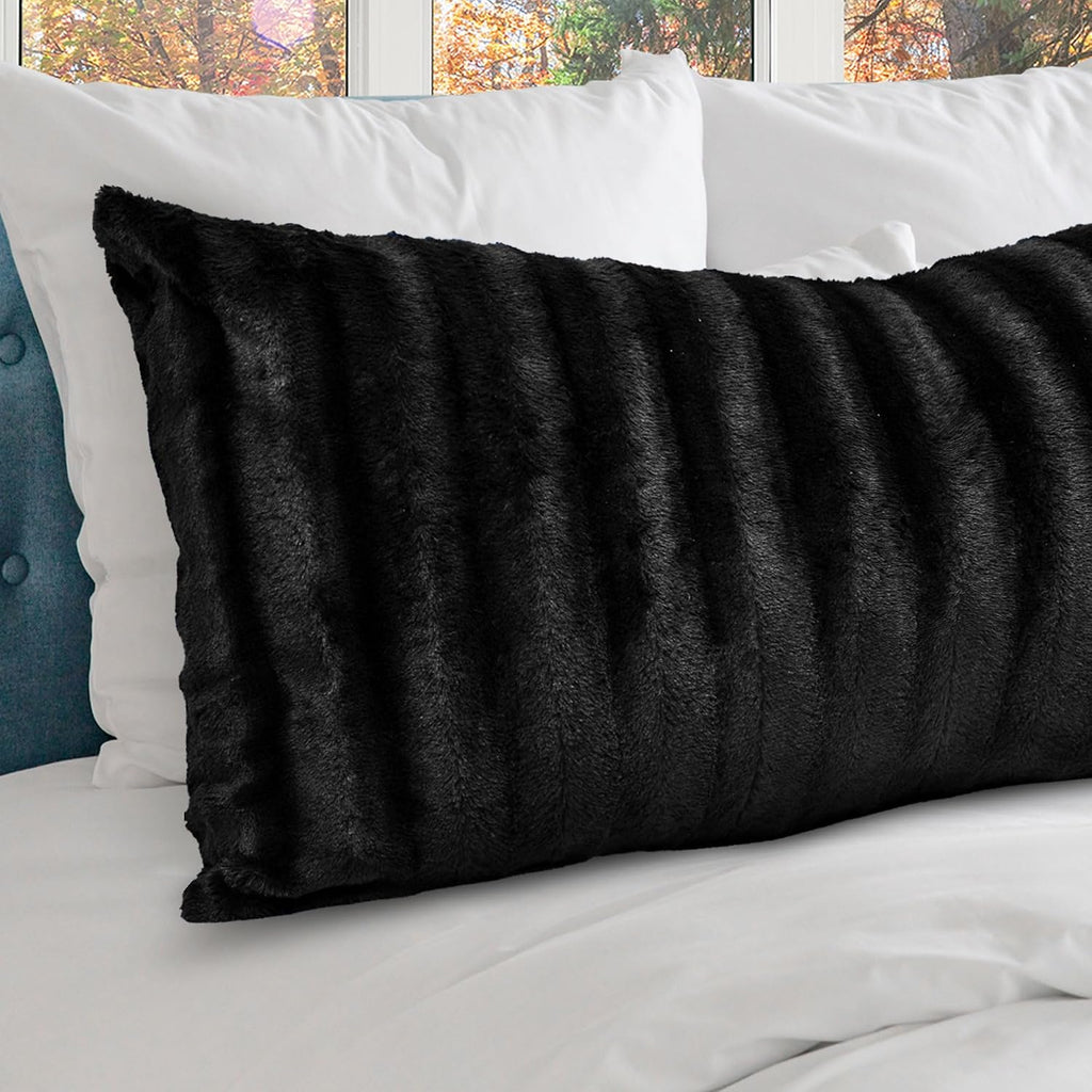 Cheer Collection Faux Fur Long Body Pillow - Accent Throw Pillow for Bed and Couch - Decorative Lumbar Pillow with Insert, Black (18" x 40")