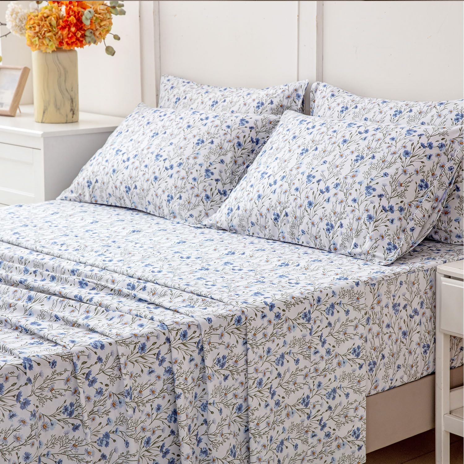 FADFAY 100% Cotton Percale Sheet Set Twin – Blue Meadow Floral Bedding, Vintage Wildflower Botanical Sheets, Soft Breathable Deep Pocket…