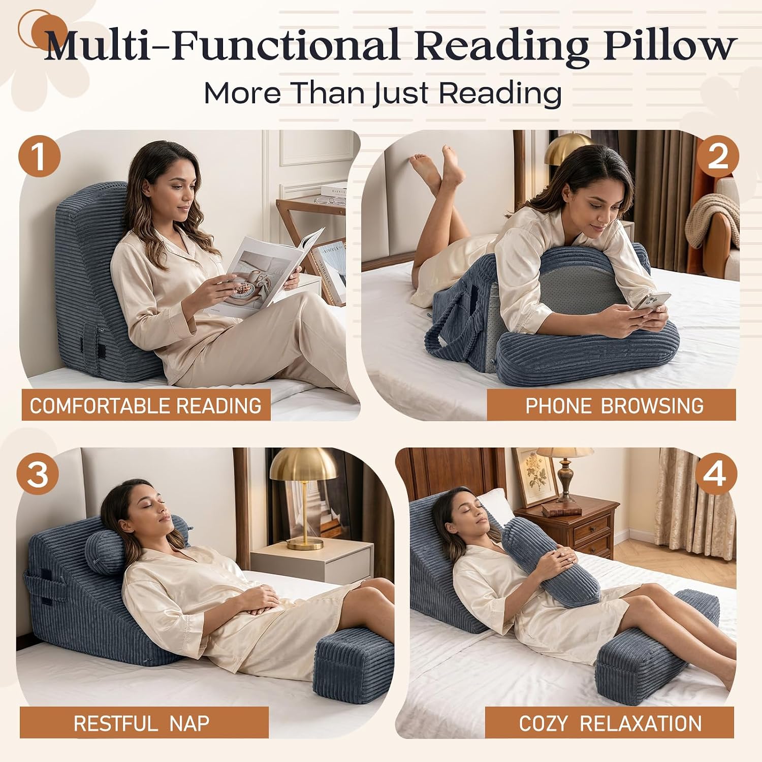 Reading Pillow/Backrest Pillow with Arms, Cup Holder & Phone Pocket - Bed Rest Pillow with Adjustable Headrest, Corduroy Fabric for Back…