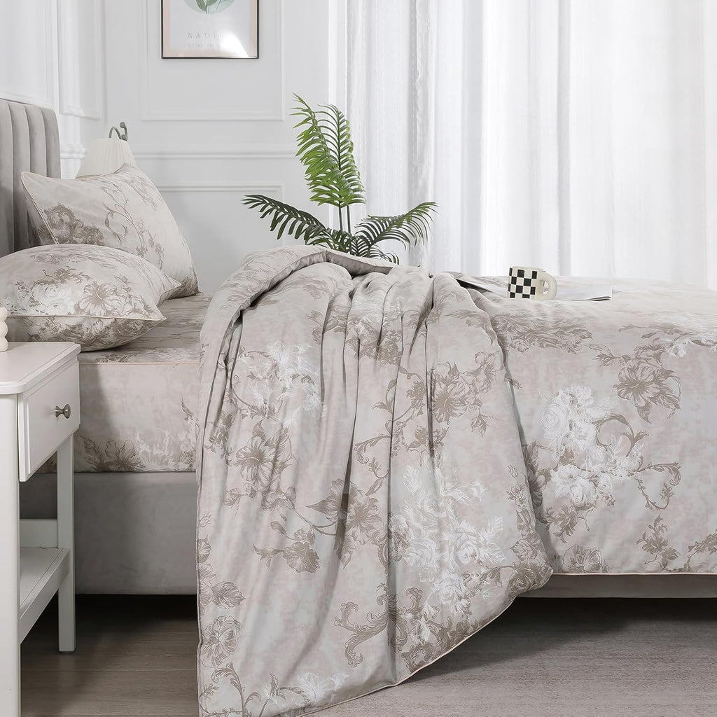 Puralens Vintage Floral Greige Percale Duvet Cover Set, King 100% Cotton Cottage Zipper Comforter Cover, Crisp Neutral Toile Bed Cover Set…