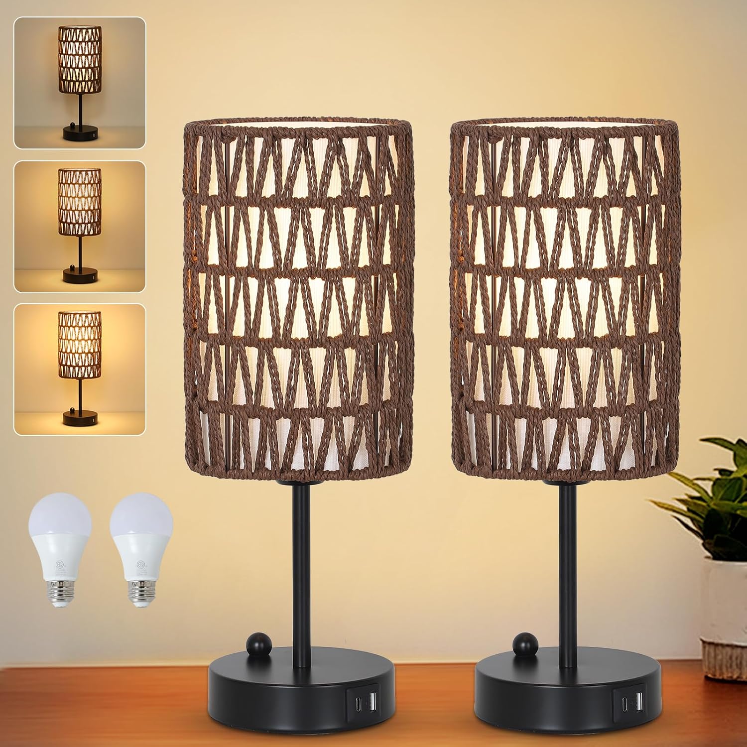 Bedside Lamps Set of 2, Touch Control Night Stand Lamp for Bedroom with Rattan & Linen Shade & Bulbs, 3 Way Dimmable Small Boho Table…