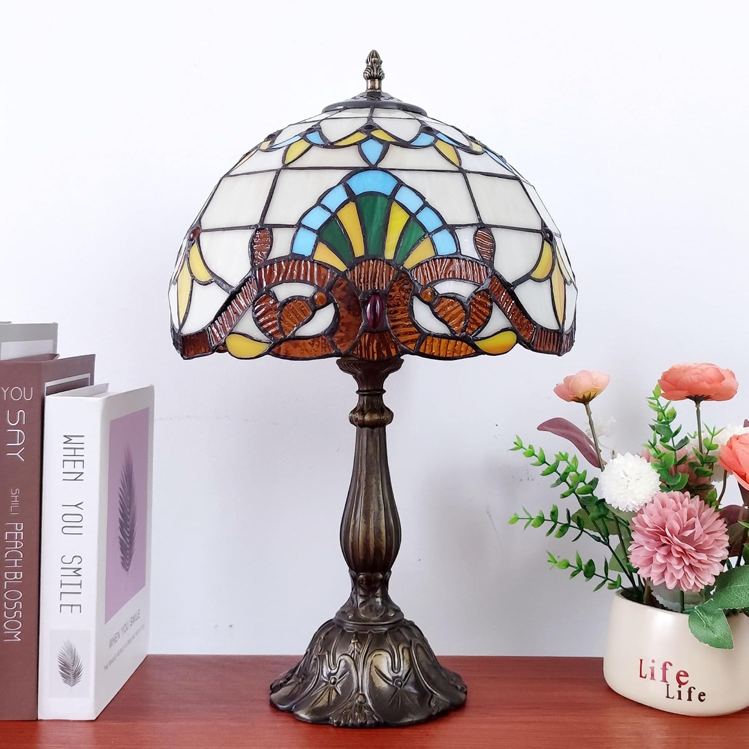 Tiffany Table Lamp 12X12X19 Inch Yellow Baroque Style Stained Glass Lamp Antique Bedside Desk Reading Light for Bedroom Living Room Home…