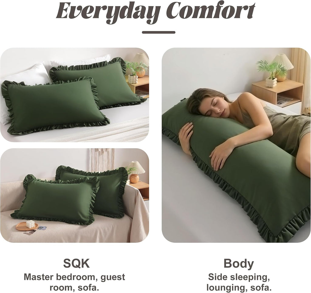 Bedsum Ruffled Pillow Shams King 20x36 Set of 2, Brushed Microfiber Pillowcases with Envelope Closure, Soft Wrinkle-Resistant, Olive Green…