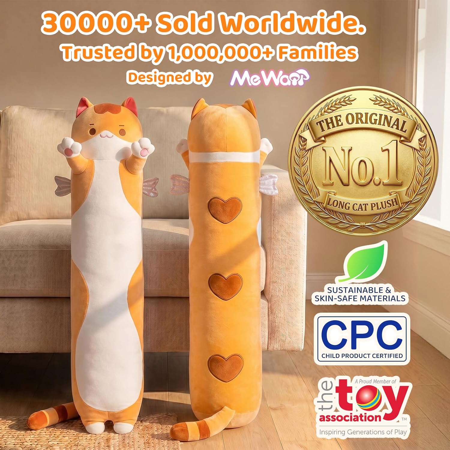 Mewaii Long Cat Plush 5 Sizes, 120% Extra Filling Giant Plushness Kids Body Pillow, Kawaii Cute Brown Cat Stuffed Animals Plushies, Big…