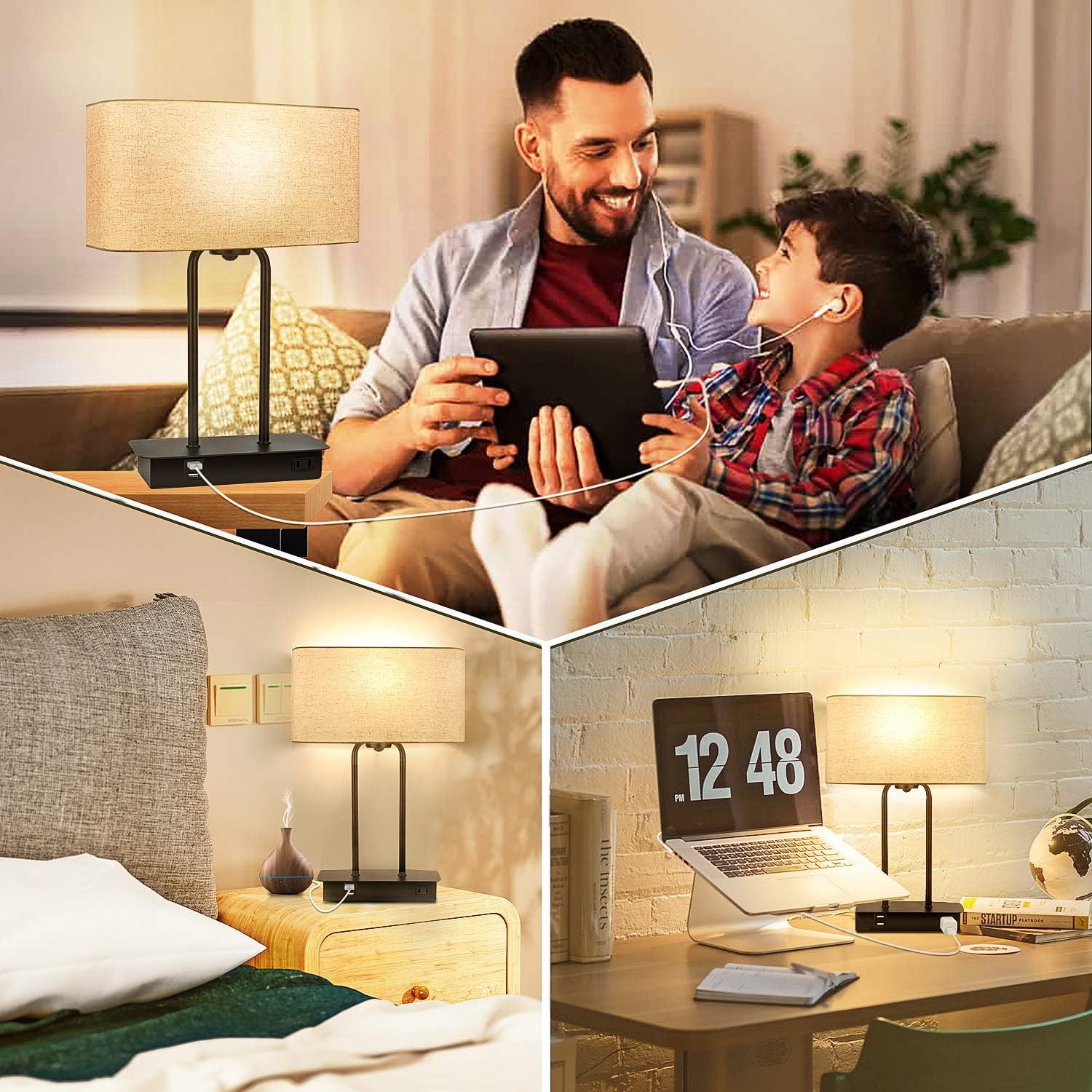 3-Way Dimmable Touch Control Table Lamp with 2 USB Ports and AC Power Outlet Modern Bedside Nightstand Lamp Fabric Shade and Metal Base…