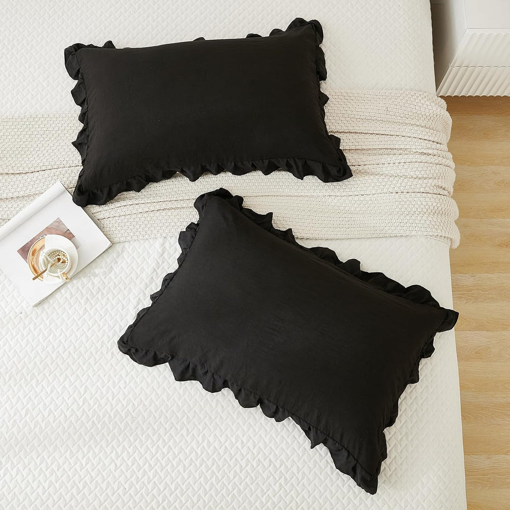 Merryword Black Pillow Shams Standard Pillowcases 20x26inch Black Ruffle Cute Pillow Cover Set of 2 Shabby Chic Soft Microfiber Pillowcases…
