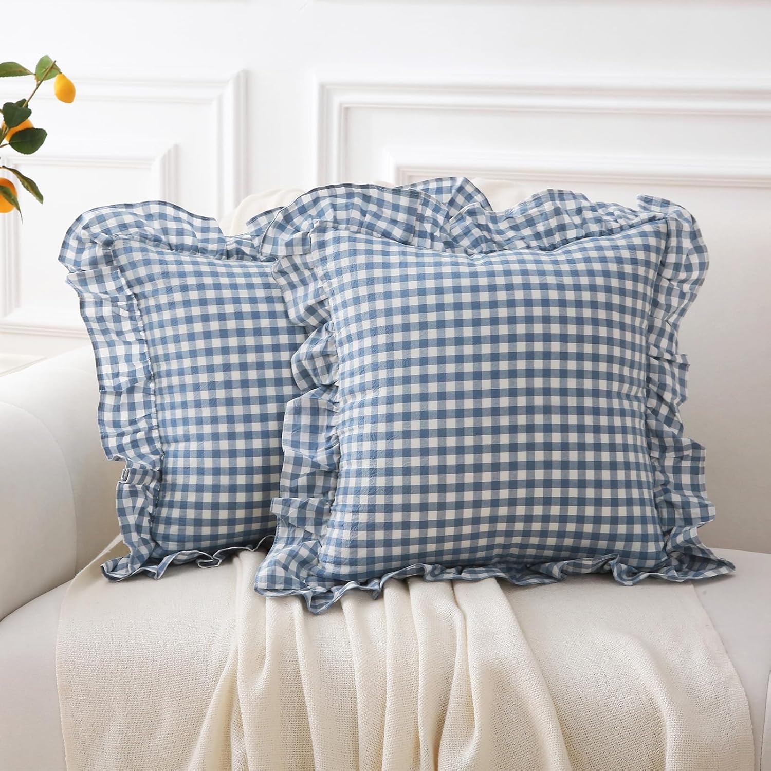 Kmasaniji 2 Pack Dust Blue White Plaid Gingham Ruffle Throw Pillow Covers, 100% Washed Cotton Decorative Buffalo Checkered Farmhouse Pillow…