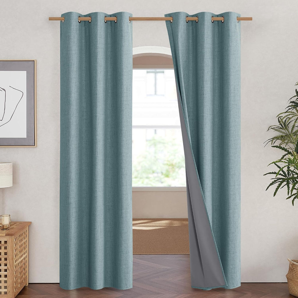 NICETOWN 100% Absolutely Blackout Linen Curtains with Thermal Insulated White Liner, Skylark Blue, 42 inches Wide, 84 inches Length…